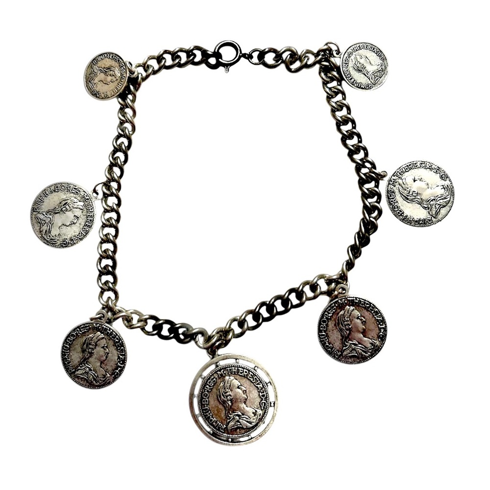 Silver Vintage Coin Maria Theresa 10.87”Charm Bracelet.